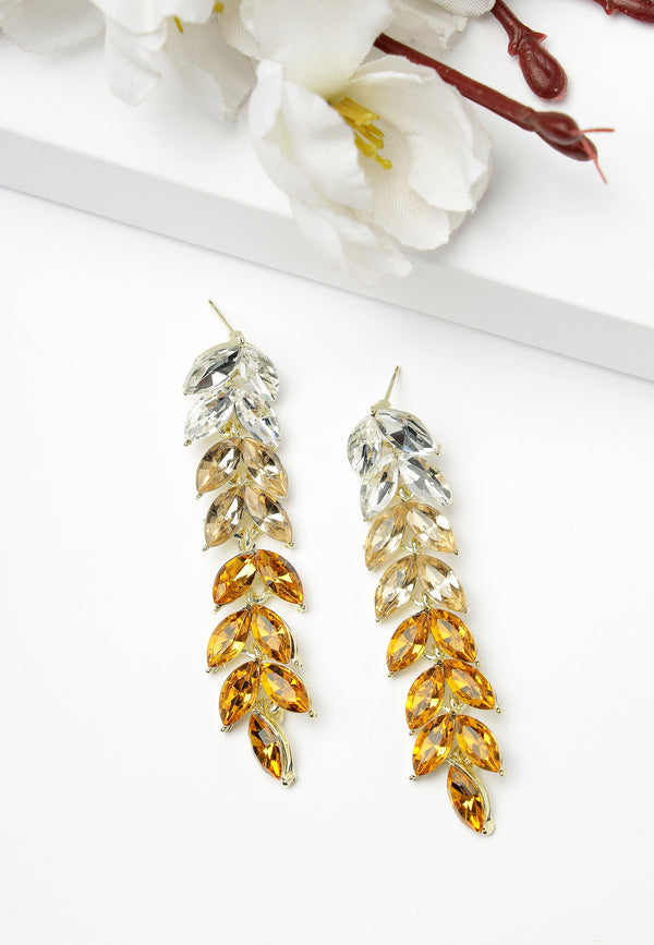 Long Drop Earrings With Sparkling Yellow Leaves