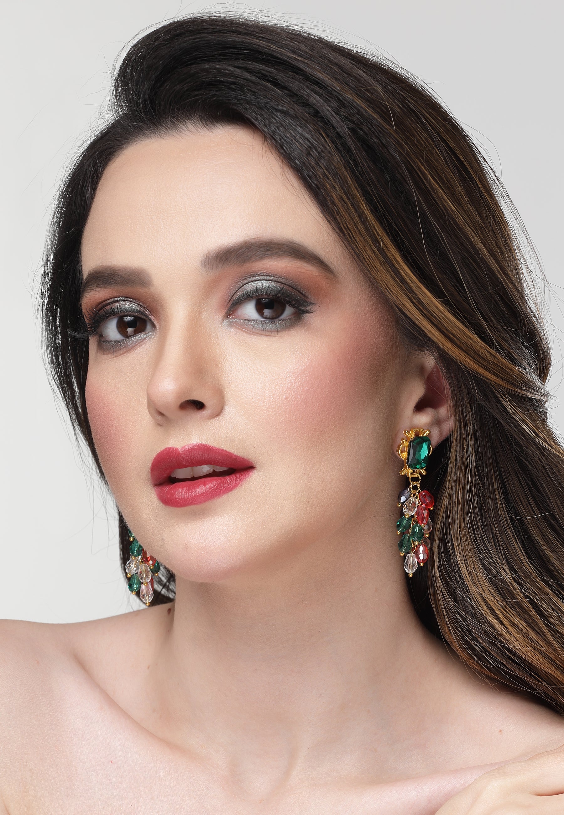 Multi-Coloured Leaf-Shaped Cluster Drop Earrings