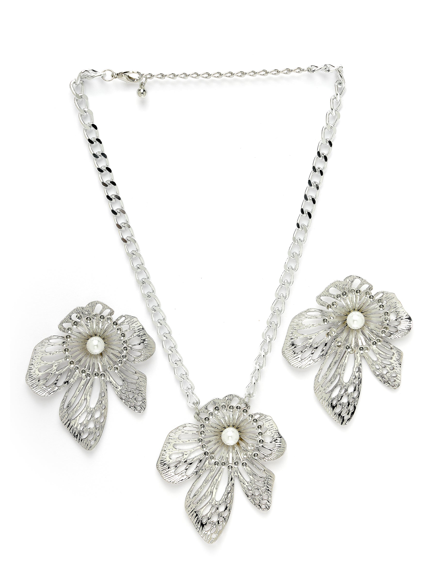 Sparkling Silver-Coloured Flower Pendant And Earrings Set