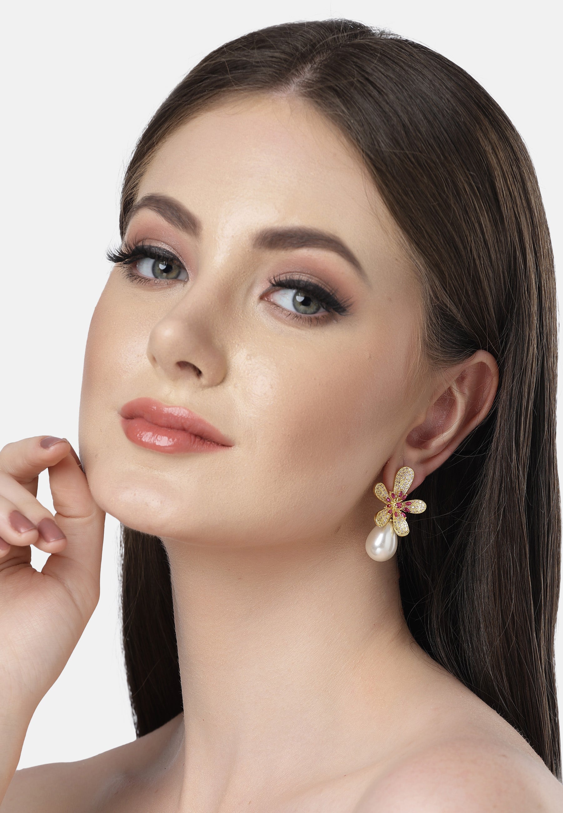 Sparkling Floral Stud Earrings With Pearl Drop