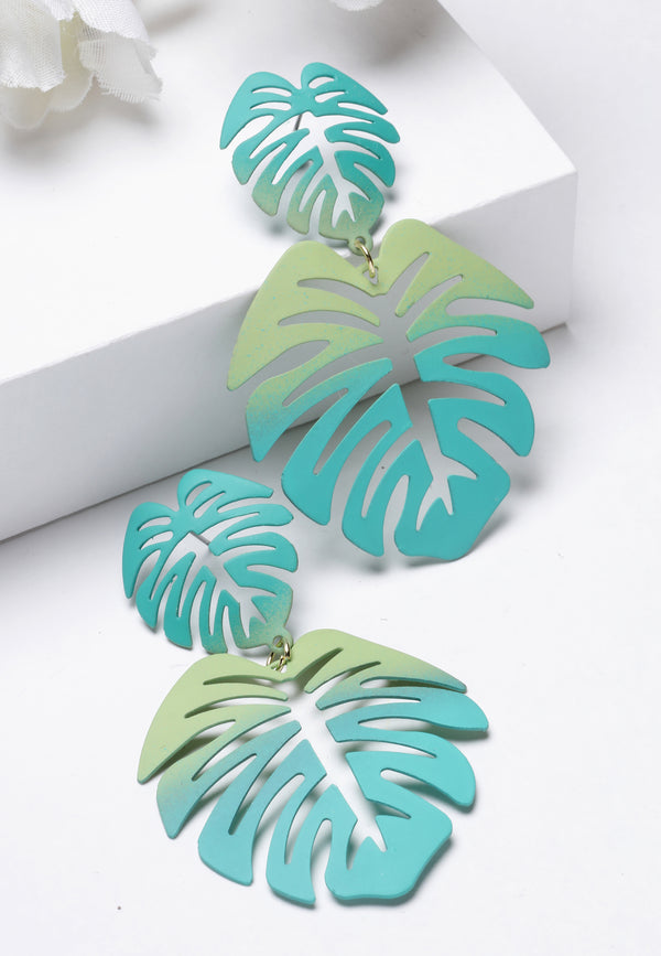 Boucles d'oreilles pendantes en forme de feuille de palmier verte