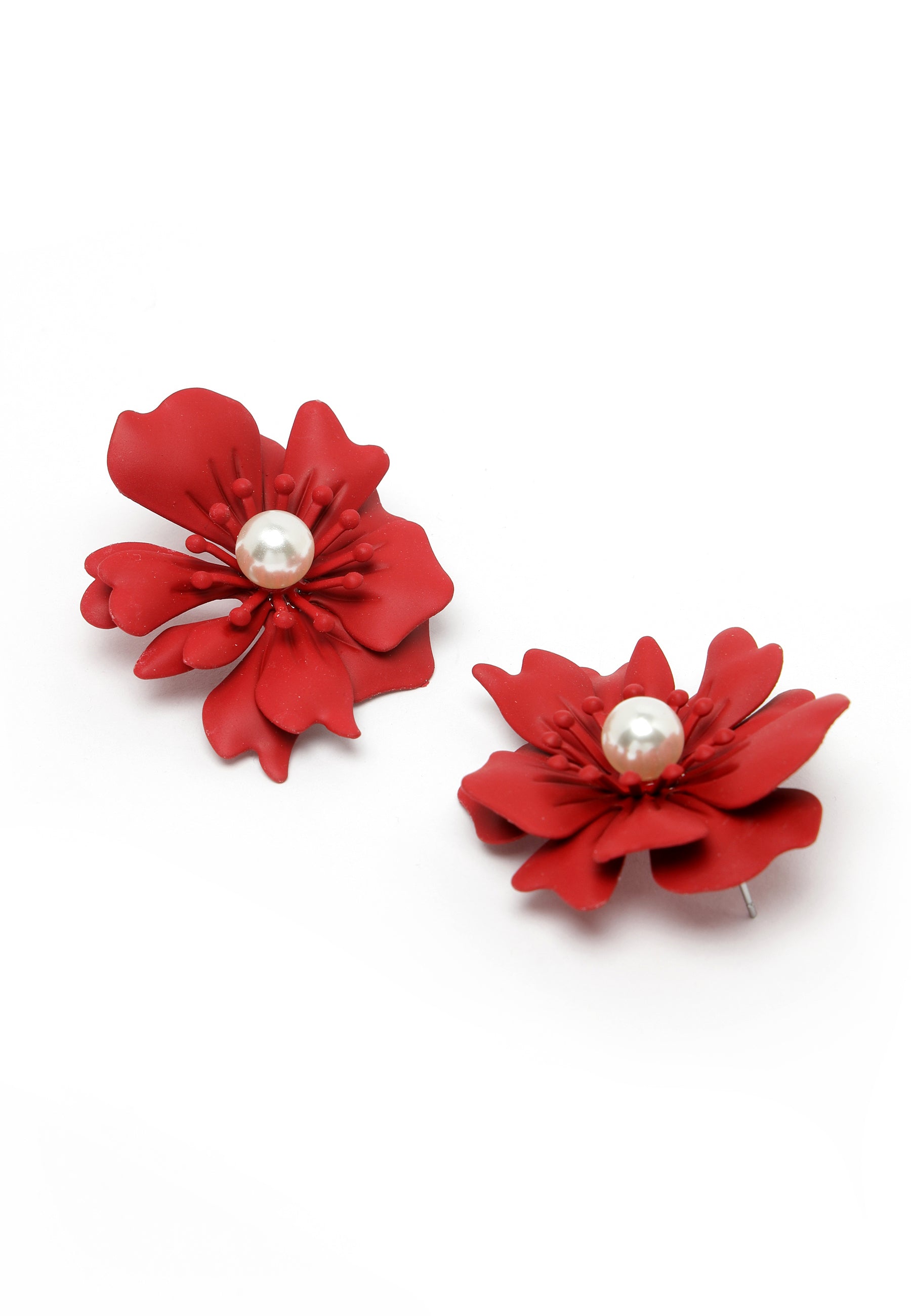 Floral Pearl Stud Earrings In Red