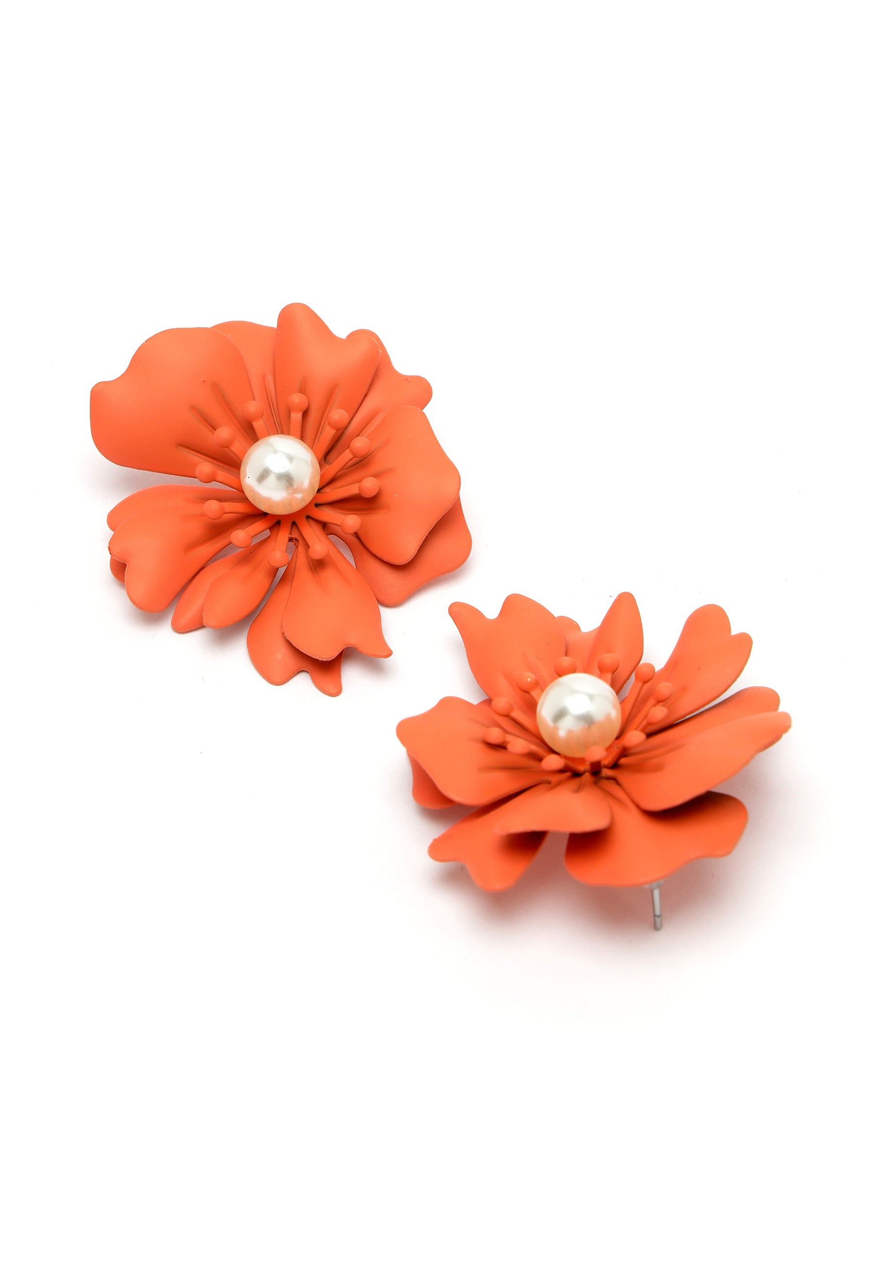 Floral Pearl Stud Earrings In Orange